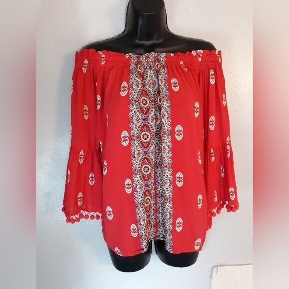 Grand and Greene red off shoulder pom pom bell sleeve blouse - Picture 1 of 5